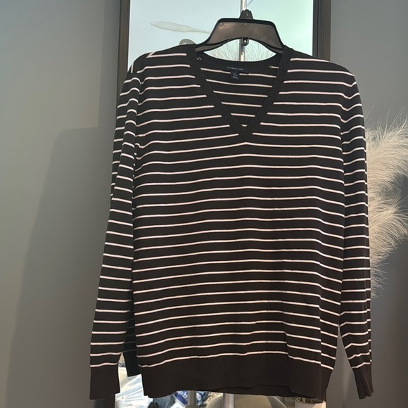 Lands' End Black and White V-Neck Sweater Striped Knit - Picture 1 of 4